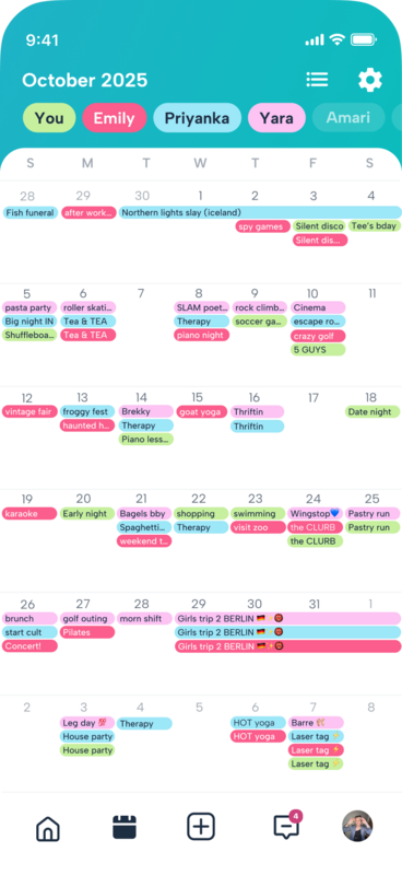 Howbout shared calendar view – see friends’ plans, availability, and make group plans in the shared calendar app for keeping up with friends